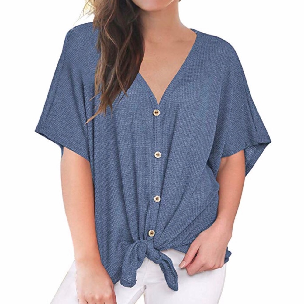 MIHOLL Women Short Sleeve V Neck- Tie Front Knot